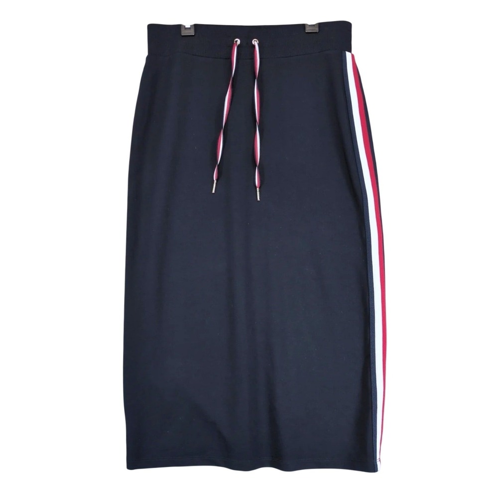Tommy Hilfiger Navy Midi Skirt Sz S Side Stripes Drawstring Jersey Stretch Sport